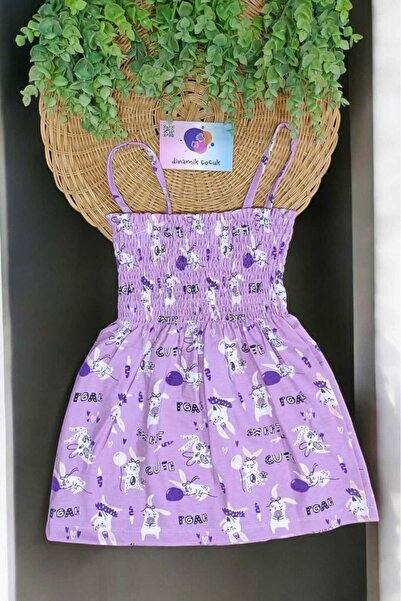 dinamik çocuk Kız Çocuk Sevimli Tavşan Desenli İp Askılı Gipeli Yazlık Elbise
