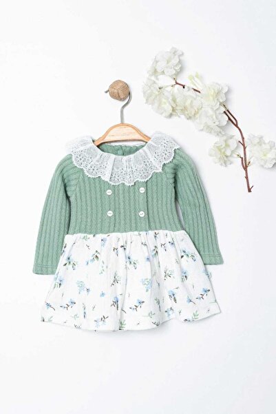 dinamik çocuk Kız Bebek Dantel Yakalı Üstü Örme Triko Altı Müslin Elbise Vint...