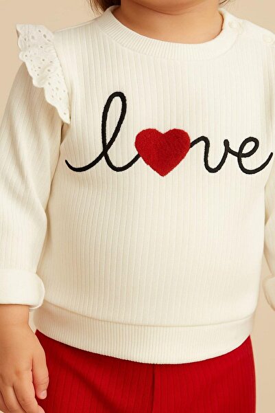 dinamik çocuk Kız Bebek/Çocuk Love Kalp Nakışlı Omuzdan Çıtçıtlı Bebek Takımı 2li Alt Üst Mevsimlik Aylık 3-6-9-12