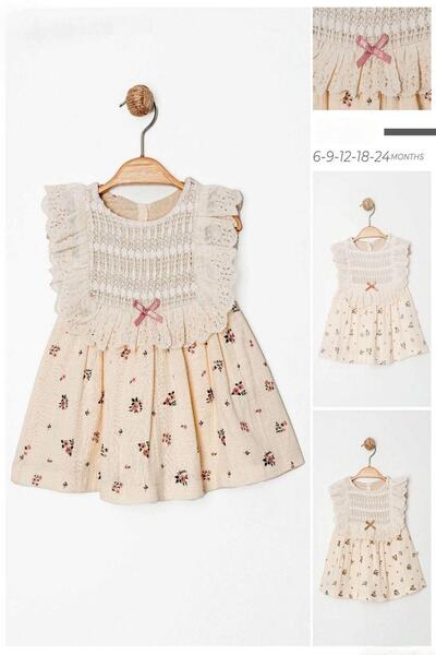 dinamik çocuk Kız Bebek Vintage Zarif Dantel Yaka Detaylı Çiçek Desenli Elbise Yazlık Şık Model 3-6-9-12-18-24ay