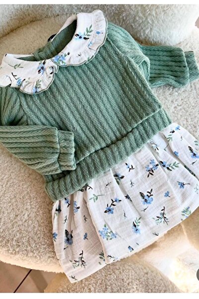 dinamik çocuk Kız Bebek Yaka Detaylı Üstü Örme İnce Triko Altı Müslin Elbise 3-6-9-12-18-24ay