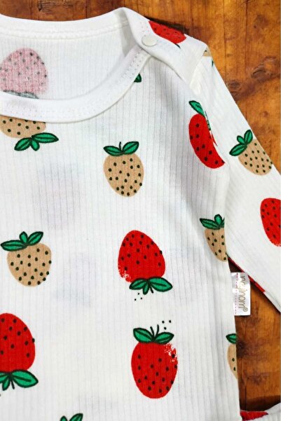 dinamik çocuk Strawberry Report Printed Ribbed Baby Girl Set with Snap Fasteners 100% Cotton 2-Piece Bottom Top 0-3-6-9Months