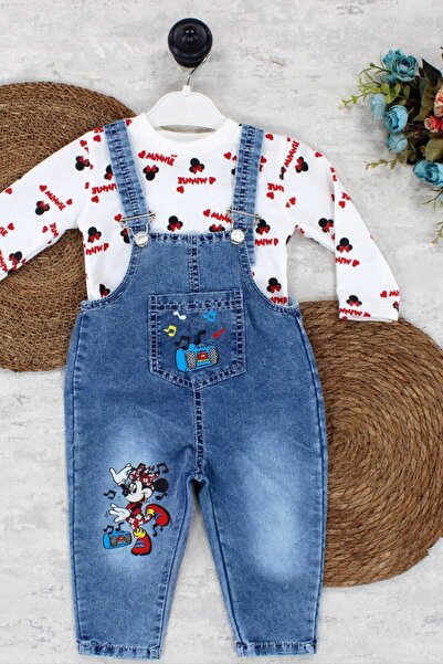 dinamik çocuk 1-4yaş Kız Çocuk Minnie Mouse Badili Baskılı Kot Salopet Tulum ...