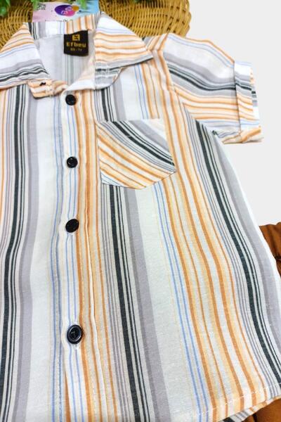 dinamik çocuk Erkek Çocuk Renkli Çizgili Yazlık Kısa Kollu Gömlek Saten Şortlu 2li Takım Bayramlık Takım/tam Kalıp