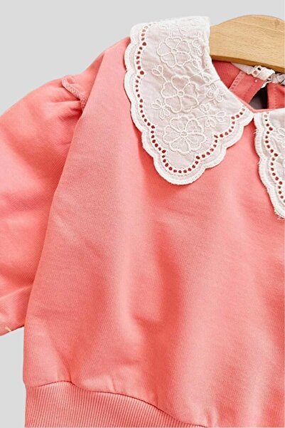 dinamik çocuk Girl's Embroidered Collar, Elastic Legs, Unprinted, Ruffle Detailed, Oversize, Two-Bottom-Top Children's Set