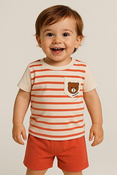 dinamik çocuk Baby Boy Striped Pocket Teddy Bear 2-Piece Summer Suit Top and Bottom 6-9-12Months