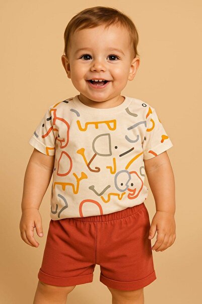 dinamik çocuk Baby Boy Elephant Patterned Colorful Elephant 2-Piece Summer Se...