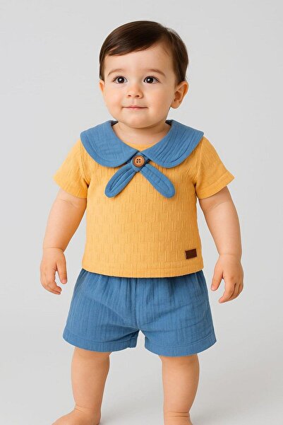 dinamik çocuk Yaka Detaylı Müslin Şortlu Tarz Alt Üst 2li Erkek Bebek Takım P...