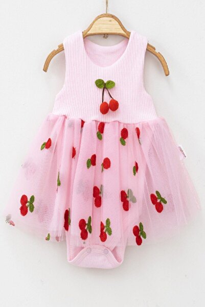 dinamik çocuk Orange Cherry Patterned Tulle Dress Top Ribbed Sleeveless Summer Bottom Snap Body Body for Girls