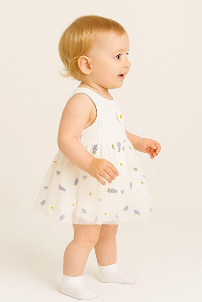 dinamik çocuk Lavender Patterned Tulle Dress Corded Sleeveless Summer Bodysuit for Girls