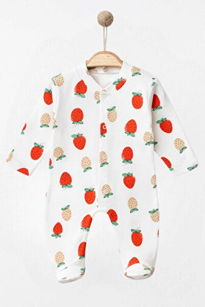 dinamik çocuk Newborn Baby Girl Romper - Strawberry Printed, Ribbed Seasonal, 100% Cotton, 3-6 Bears