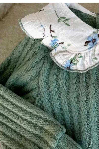 dinamik çocuk Kız Bebek Yaka Detaylı Üstü Örme İnce Triko Altı Müslin Elbise 3-6-9-12-18-24ay