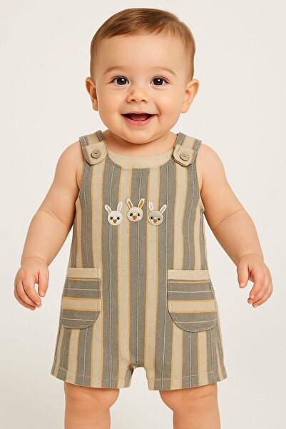 dinamik çocuk Baby / Child Rabbit Embroidered Raw Linen Fabric Jumpsuit Summer Sleeveless 0-3-6-9-12 Months