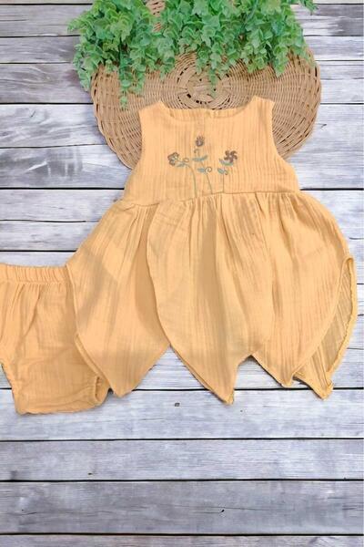 dinamik çocuk %100 Pamuk Kız Bebek/Çocuk Peri Elbise Nakışlı Eteği Parçalı + Külotlu Müslin Organik Takım