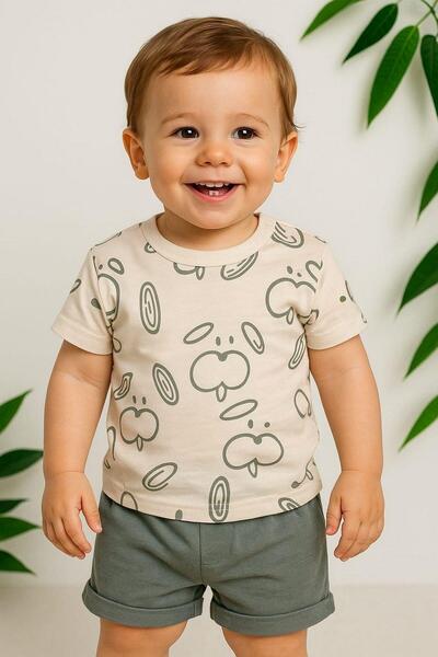 dinamik çocuk Baby Boy Dog Patterned Dog 2-Piece Summer Suit Top and Bottom 6-9-12Months