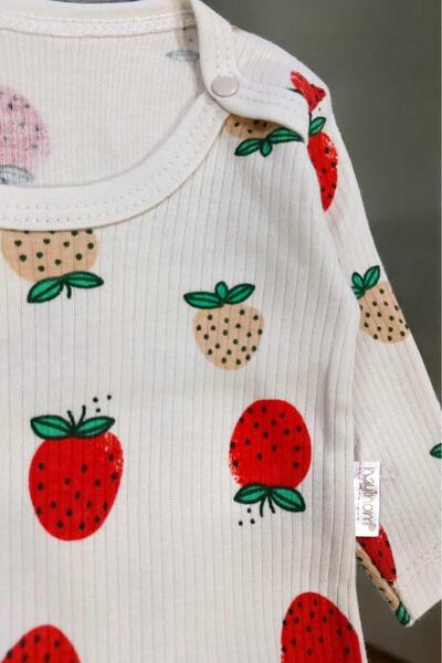 dinamik çocuk Strawberry Report Printed Ribbed Baby Girl Set with Snap Fasteners 100% Cotton 2-Piece Bottom Top 0-3-6-9Months