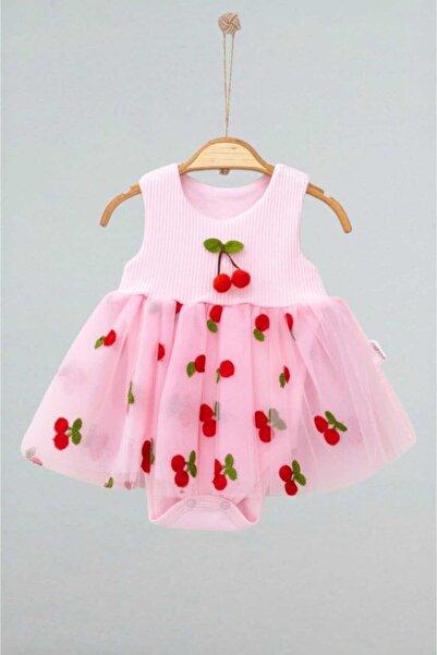 dinamik çocuk Orange Cherry Patterned Tulle Dress Top Ribbed Sleeveless Summer Bottom Snap Body Body for Girls