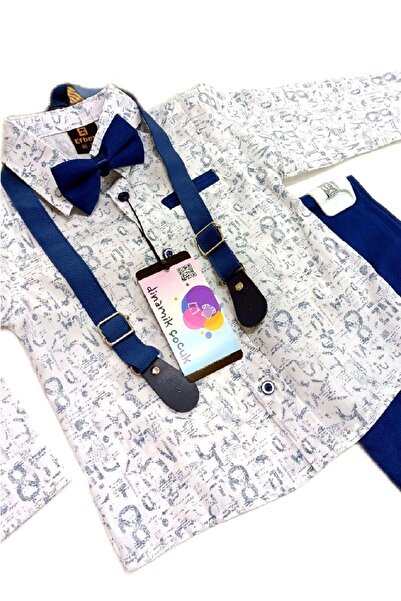 dinamik çocuk Boy's 4-Piece Set with Long Sleeve Patterned Shirt, Bow Tie and Suspender Trousers