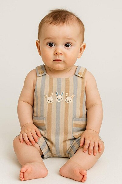 dinamik çocuk Baby / Child Rabbit Embroidered Raw Linen Fabric Jumpsuit Summer Sleeveless 0-3-6-9-12 Months