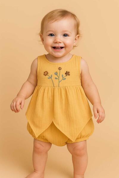 dinamik çocuk %100 Pamuk Kız Bebek/Çocuk Peri Elbise Nakışlı Eteği Parçalı + Külotlu Müslin Organik Takım