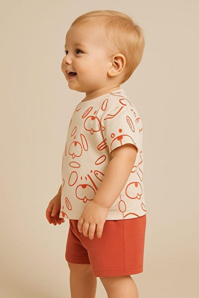 dinamik çocuk Baby Boy Dog Patterned Dog 2-Piece Summer Suit Top and Bottom 6-9-12Months
