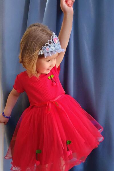 dinamik çocuk Kız Çocuk Kirazlı Kısa Kollu Tütülü Astarlı Elbise Özel Gün Doğum Günü Prenses