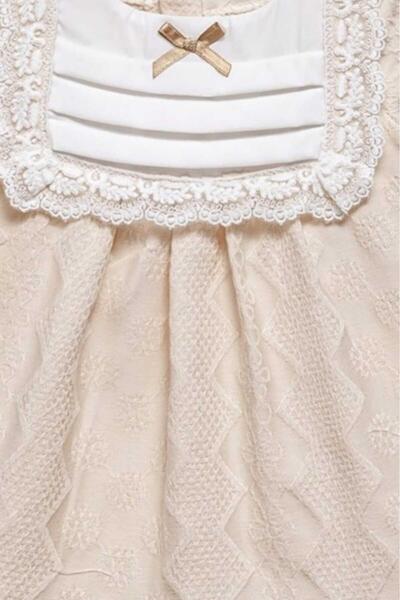 dinamik çocuk Çiçek Nakışlı Dantel Detaylı Fiyonklu Elbise 0-2 yaş Kendinden desenli kumaş