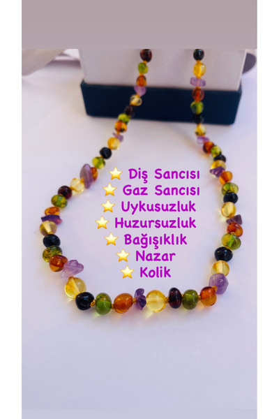 NİSSBEBE Certified Original Damla Amber Baby Kids Necklace (with Amethyst Stone) and Adult Turquoise Bracelet