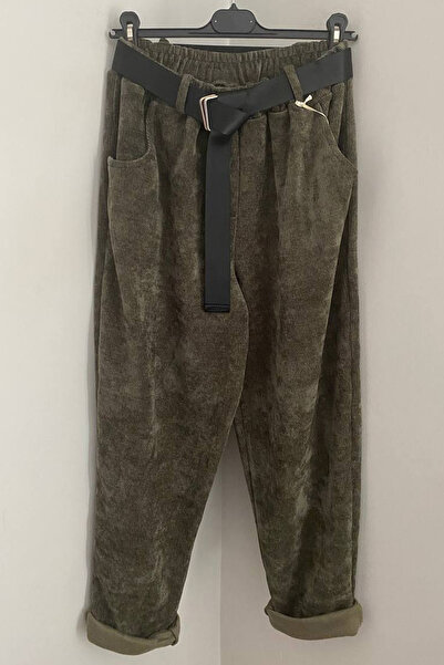 AYASOFYA OTANTIK Women's Italian Khaki Elastic Waist Pocketed Buckle Belted Casual Velvet Trousers