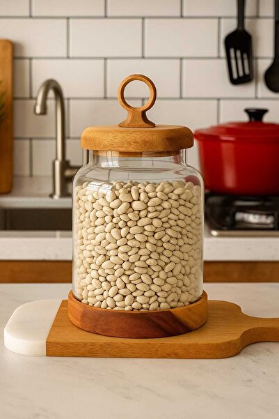 Paşabahçe Tekli Akasya Kapaklı Standlı Tutma Kulplu Borasilikat Cam Kavanoz/Saklama Kabı 1100 ml