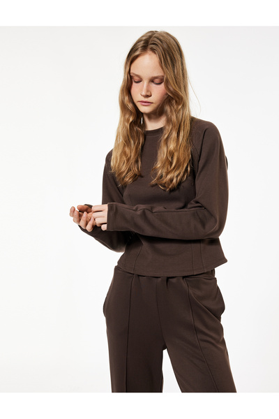 Koton slim fit Tricou din bumbac cu mânecă lungă, cu cusături, guler rotund