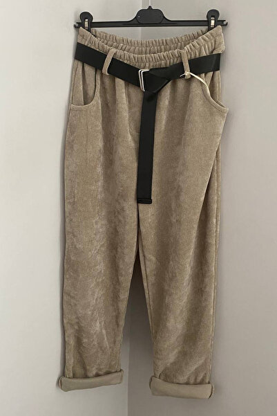 AYASOFYA OTANTIK Women's Italian Beige Elastic Waist Pocketed Buckle Belted Casual Velvet Trousers