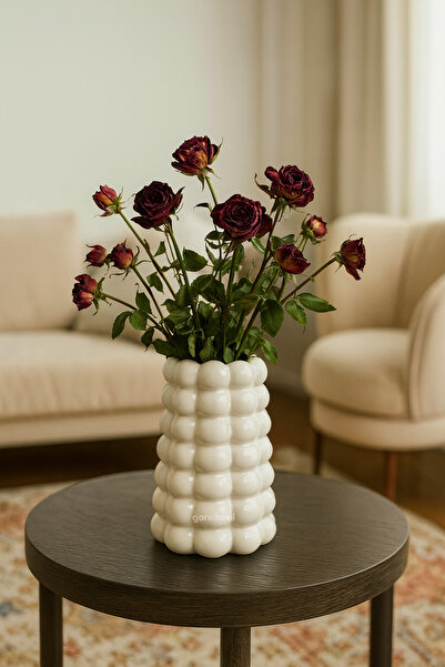 LalezarHome Dekoratif Pampas Çiçek Vazosu Modern Baloncuk Desenli Beyaz Vazo | Minimal Boho Ev Dekoru