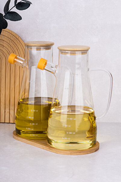 DNS HOME 2-Piece Bamboo Vacuum Lid and Stand Borosilicate Glass Oil Vinegar Masterchef Oil Pot Set 900 ml