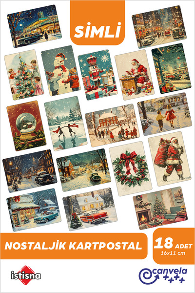 CANVELA 3'lü Set 18 Adet Yılbaşı Nostalji Simli Kartpostal Seti Yeni Yıl Postcard Christmas Kardan Adam