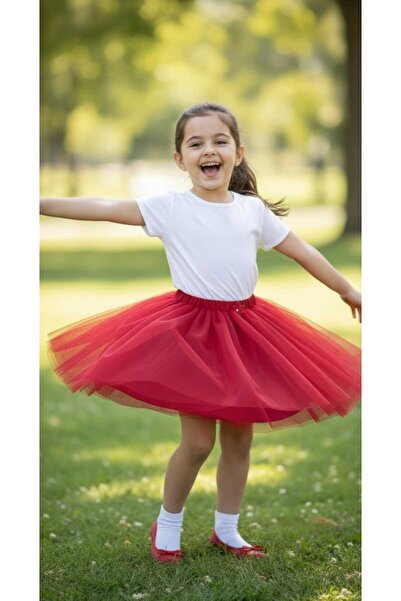 Tradinyom Girls' Red Skirt with Tutu Skirt and Hair Clip for Birthday Carnival