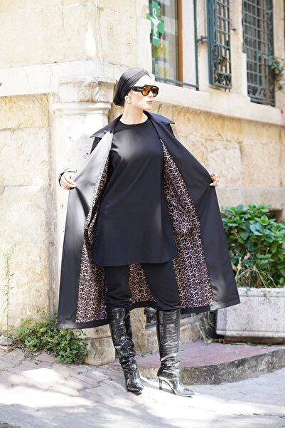 dilber fashion Leopar Çanta Hediyeli Bağlamalı Leopar Detaylı Trençkot