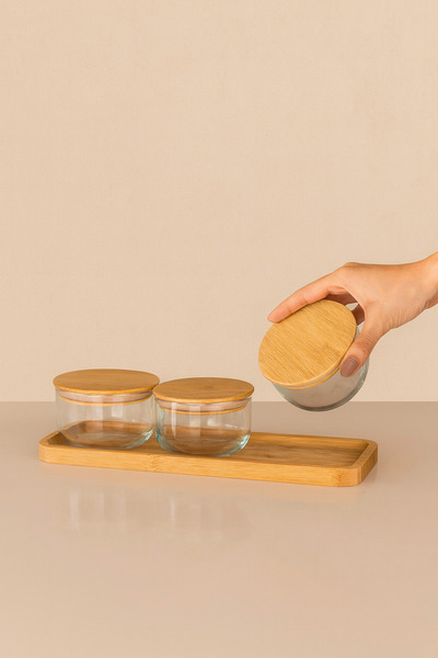 KaiHome Doğal Bambu Yuvarlak Kapaklı Şeffaf 3’lü Cam Kavanoz Kahvaltılık,Sakl...