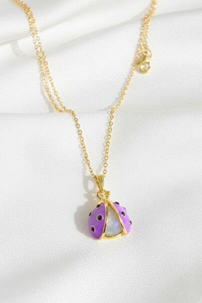 özgül takı ve tasarım Ladybug Model Purple Colored Pearl Detailed Stainless S...