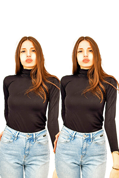 Betimoda Kadın Uzun Kollu Tam Boğazlı Likralı Penye Badi 2 Adet Siyah