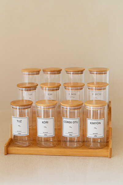 KaiHome Ahşap Merdiven Standlı 12li 300 ml Baharatlık 12 Adet Ahşap Kaşık