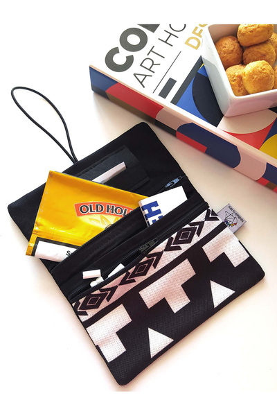 Kirpiwork Siyah Desenli Kanvas Tütün Çantası Hediye Tütün Kesesi Çok Amaçlı Ç...