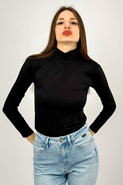 Betimoda Kadın Uzun Kollu Tam Boğazlı Likralı Penye Badi 2 Adet Siyah