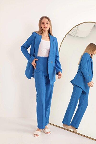 Genel Markalar Keten Kumaş Palazzo Kadın Pantolon-İndigo