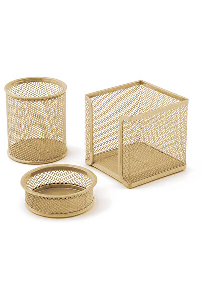 Mas Desk Set Paperweight-Pen Holder-Pencil Holder 3 Pieces Metal Perforated Gold 505