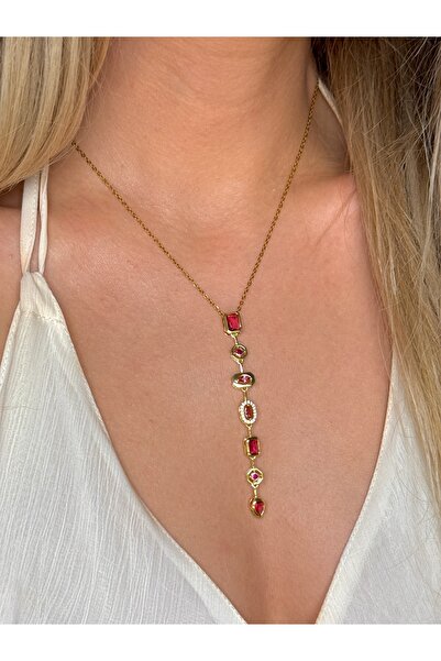 YOUES JEWELRY 316L Steel 7 Element Y Necklace Colorful Pink Stone Women's Necklace