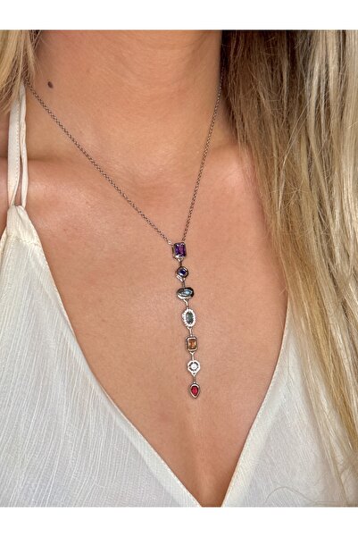 YOUES JEWELRY 316L Steel 7 Element Y Necklace Colorful Stone Women's Necklace Silver