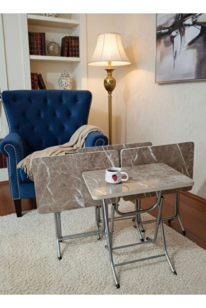 HOMEBELLA Katlanabilir Beyaz Mermer Zigon 4'lü Sehpa Takım Paslanmaz Gri Meta...