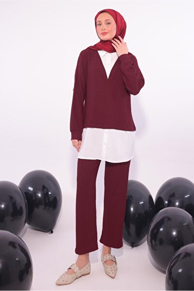 TRENDTESETTÜR Women's Burgundy Shirt with Garnished Pants Suit t 6174