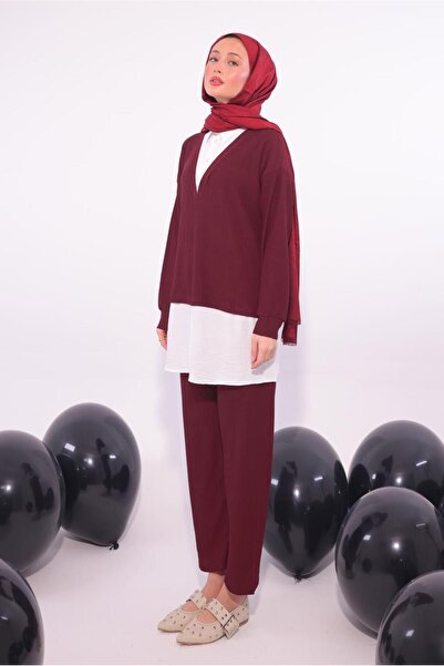 TRENDTESETTÜR Women's Burgundy Shirt with Garnished Pants Suit t 6174
